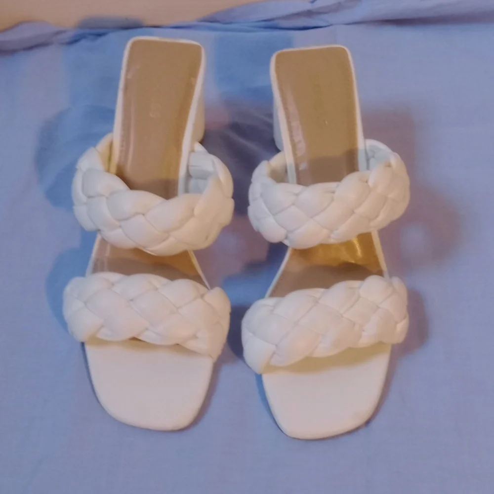 Express White Heels with Dramatic Ruched Detail, Size 9
